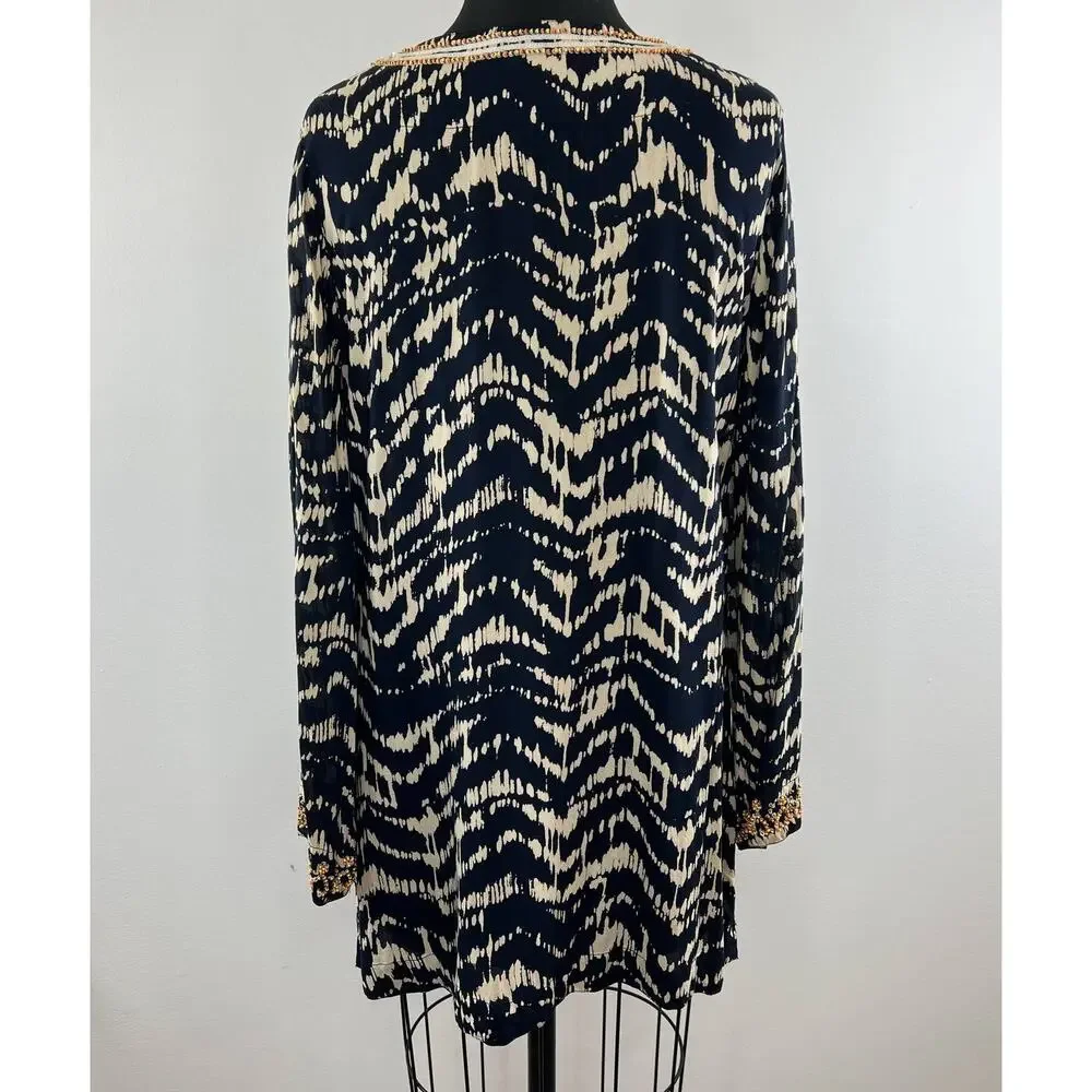 Soft Surroundings Navy Tan Split Embellished V-Neck Akira Tunic Size M ?